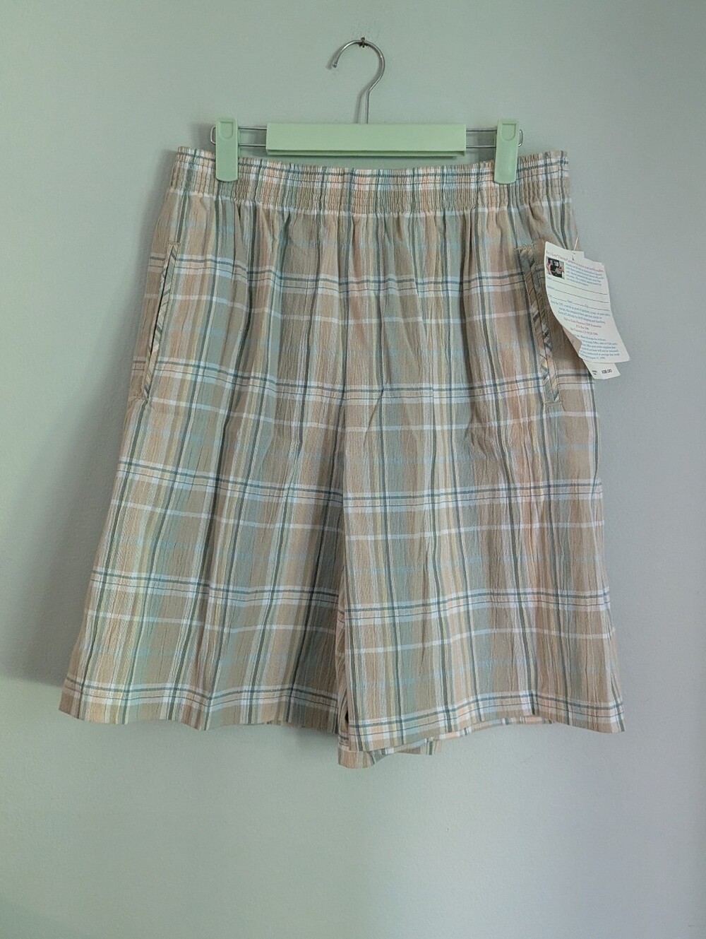 Vintage NWT 90s 80s Long Shorts Women's LRG Pull On High Waisted Tan Green Plaid